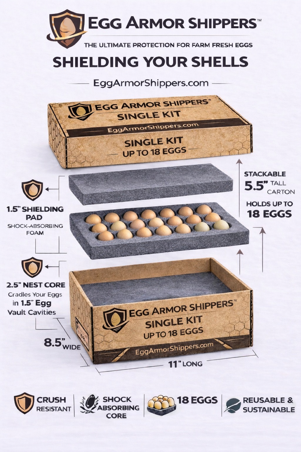 Chicken Single-Stack Egg Shipping Foam Kit with Box – 1.5" Vault Cavities – 18 Egg Capacity – Egg Armor FRM 11x8.5