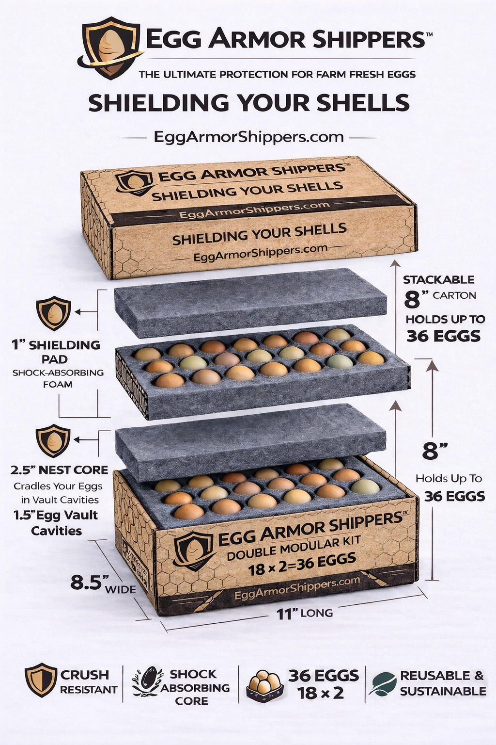 Chicken Double-Stack Egg Shipping Foam Kit with Box – 1.5" Vault Cavities – 36 Egg Capacity – Egg Armor FRM 11x8.5